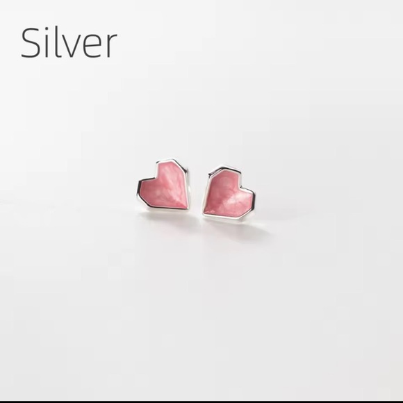 Pink Epoxy Heart Stud Earrings with Silver or Rose Gold Accents - Picture 3 of 4